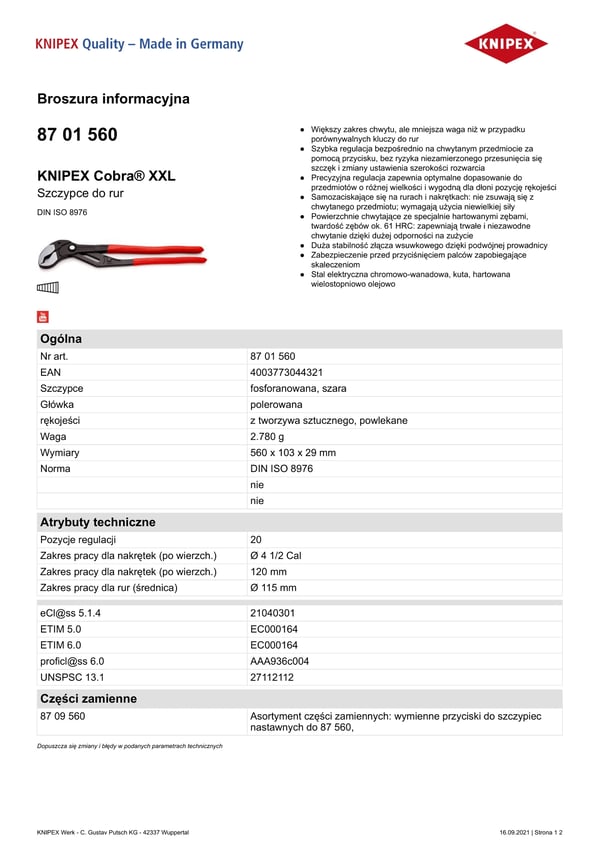 COBRA XXL -PUTKIPIHDIT 560 MM - KN 87 01 560