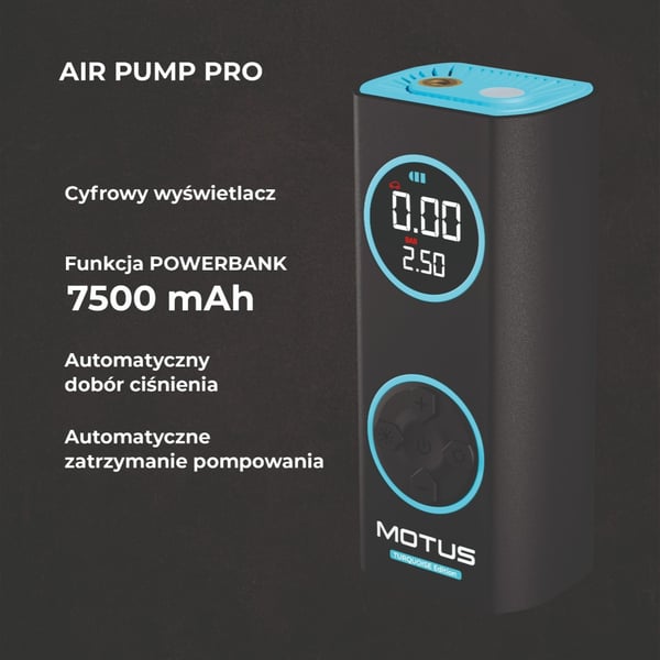 Motus AirPump Pro Turkis Edition 96W 7500 mAh trykkmåler