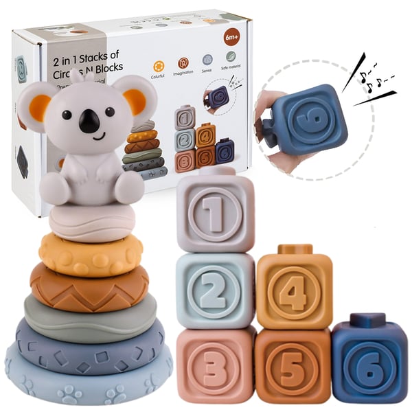 Mjuka gummibjældker med sensorik og kreative tårnpyramider Montessori koala