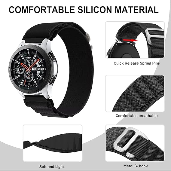 Samsung Galaxy Watch / Amazfit / Huawei -kellon ranneke, musta, nailon, 22 mm
