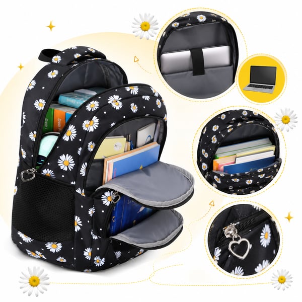 Daisy Print -koulureppu tytöille, 3-in-1 -setti, penaali, lounasrasia