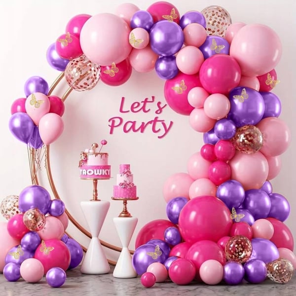 Ballongirlande sommerfugle pink lilla balloner til fødselsdag 1. fødselsdag xxl 133 stk.