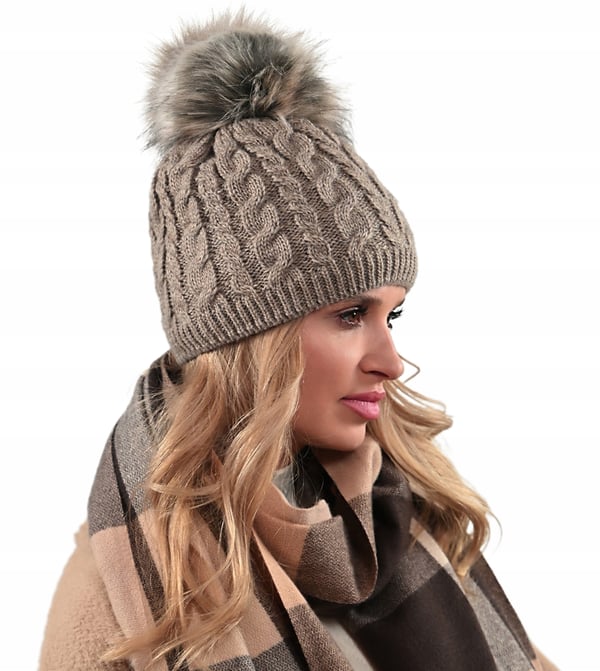 Varm damvintermössa med pompom isolerad fleece Beania Latte UNI