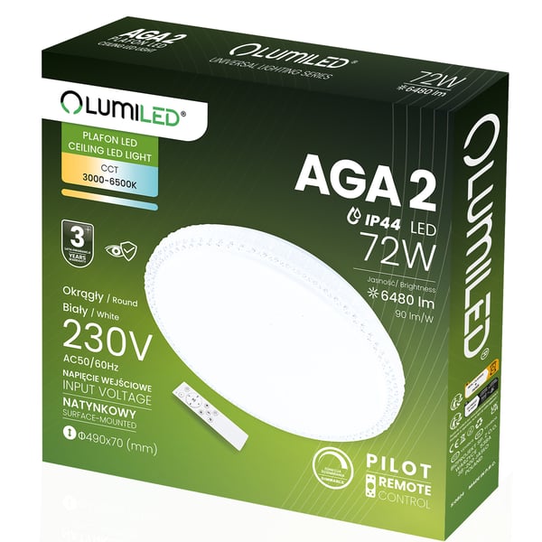 LED-kattovalaisin pinta-asennettava AGA2 72W IP44 CCT valkoinen pyöreä 50cm + LUMILED kaukosäädin