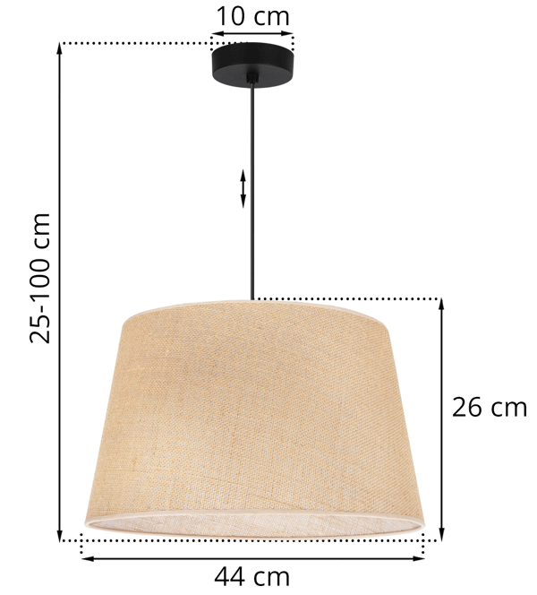 HÆNGELAMPE I JUTE MED KEGLE SORT 1 FLAD BEIGE LAMPESKÆRM 44 CM