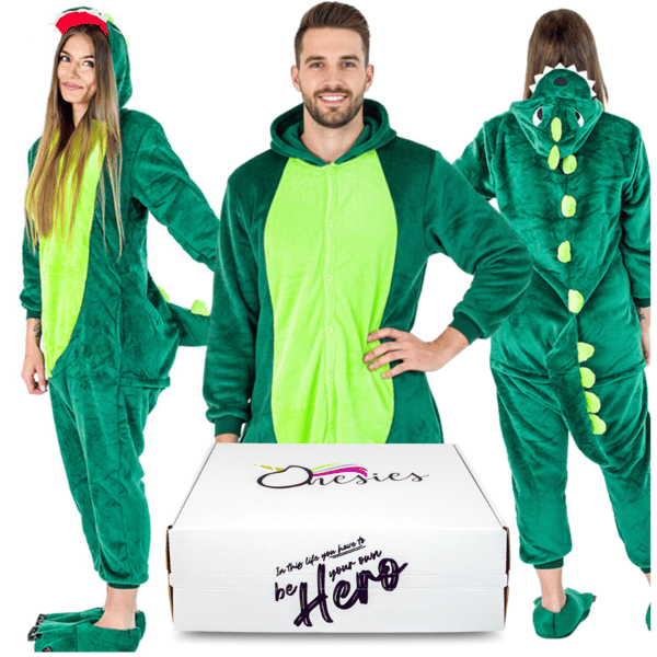 Herrpyjamas i ett stycke med dinosaurie, kigurumi, förklädnad, onesie, dinosaurie-kostym - L