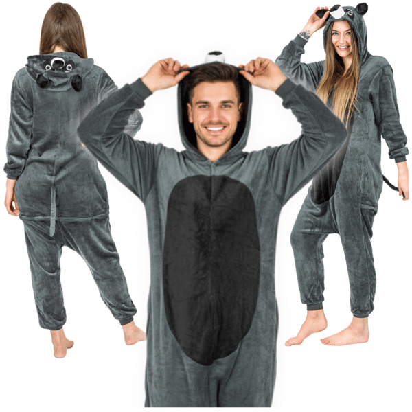 Lämmin miesten kigurumi-pyjama, pesukarhun kuviollinen vetoketjullinen haalari, harmaa pesukarhun kuviollinen haalari - S