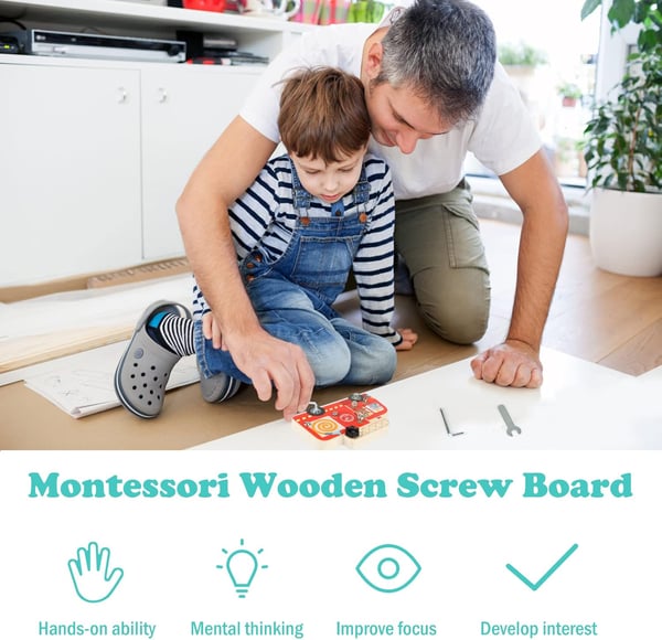 Montessori brandbil i trä för att skruva fast skruvar med verktyg