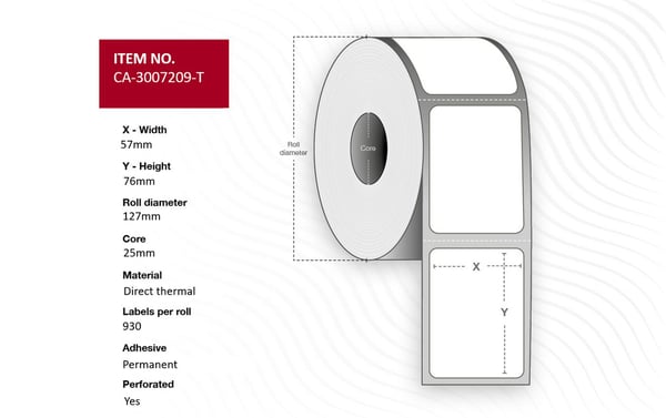 Termiska etiketter för infångning 57 x 76 mm, 25 mm kärna, belagda, permanenta, perforerade, 930 etiketter/rulle, 12 rullar/låda, CA-3007209-T Termiska etiketter för infångning 57 x 76 mm, 25 mm kärna, belagda, permanenta, perforerade, 930 etiketter/rulle, 12 rullar/låda, CA-3007209-T