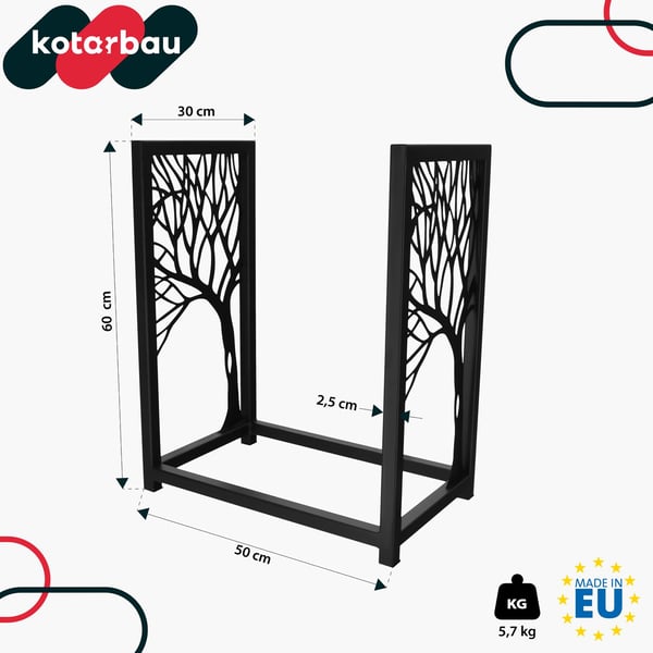 KOTARBAU® vedställ för eldstad stål dekorativt svart 50 x 30 x 60 cm