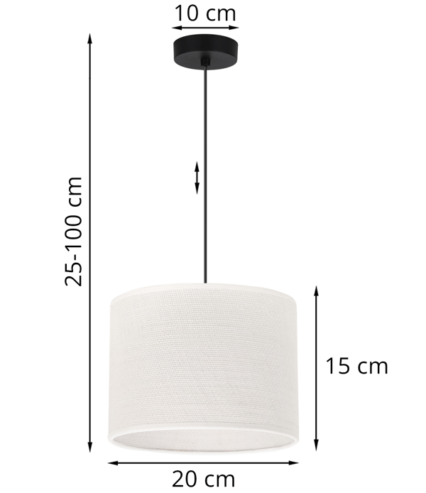 Hængelampe i sort jute med 1 flad hvid lampeskærm, 20 cm, E27