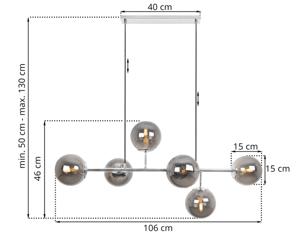 SIENA LOFTLAMPE KROM 6 FLAD GRAFITLAMPE E14 LANGE ARME