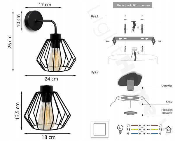 ELEGANT RETRO VÆGLAMPE MED TRÅD SORT LOFT