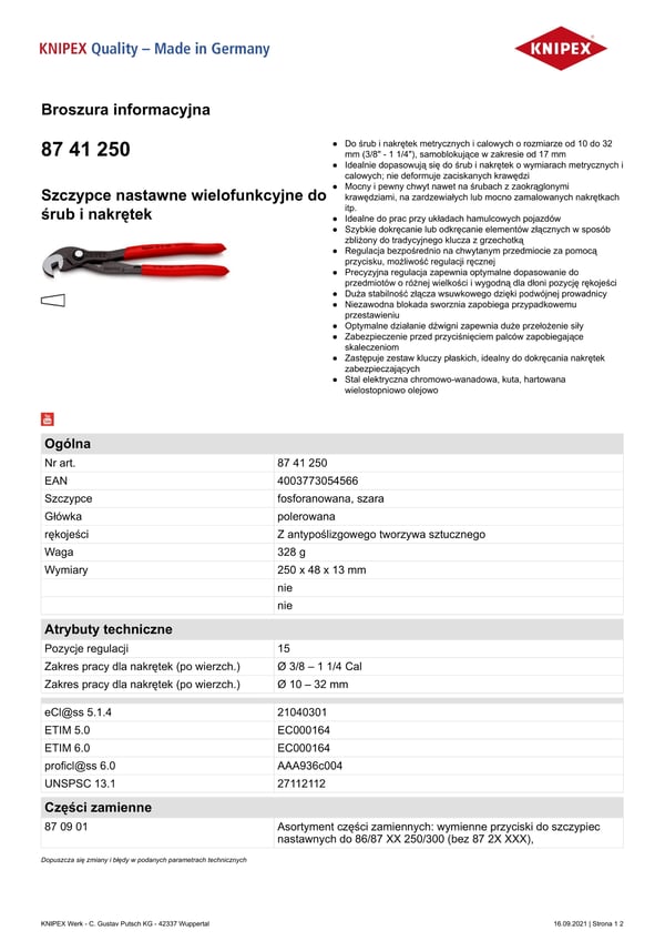 MONITOIMISET SÄÄDETTÄVÄT PIHDIT PULTTIEN JA MUTTERIEN KIINNITYKSEEN 250 MM - KN 87 41 250