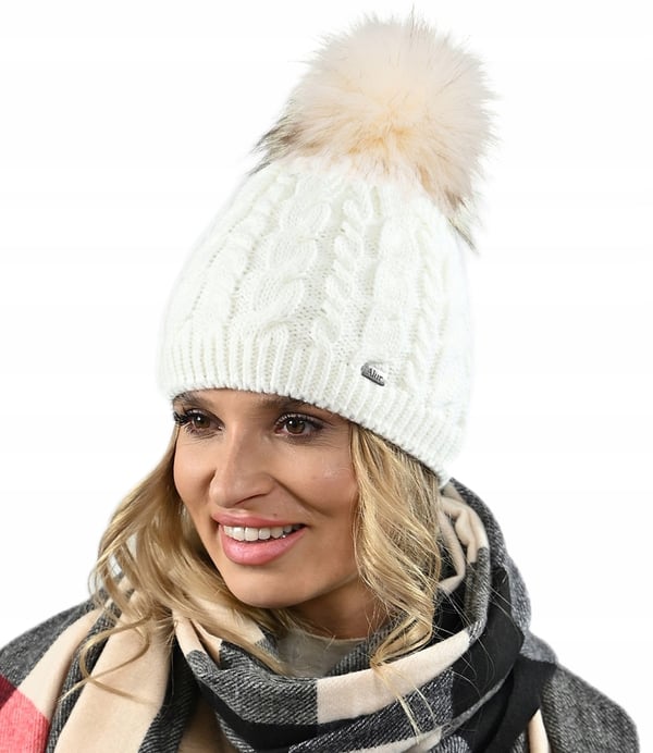 Krämfärgad vintermössa för dam med pompom, fodrad med fleece, varm beania universalstorlek