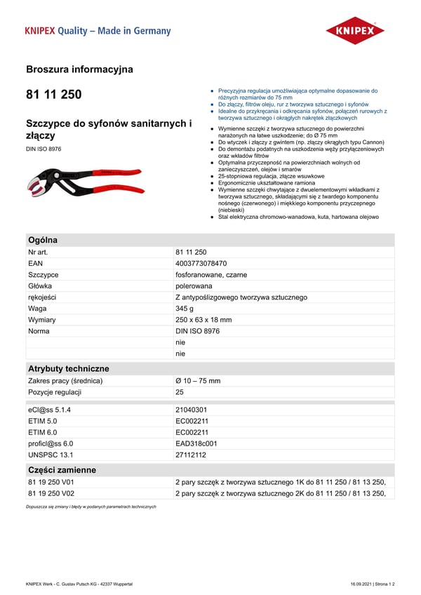 TANG TIL SANITÆRE SIFONER OG FORBINDELSER 250 MM - KN 81 11 250