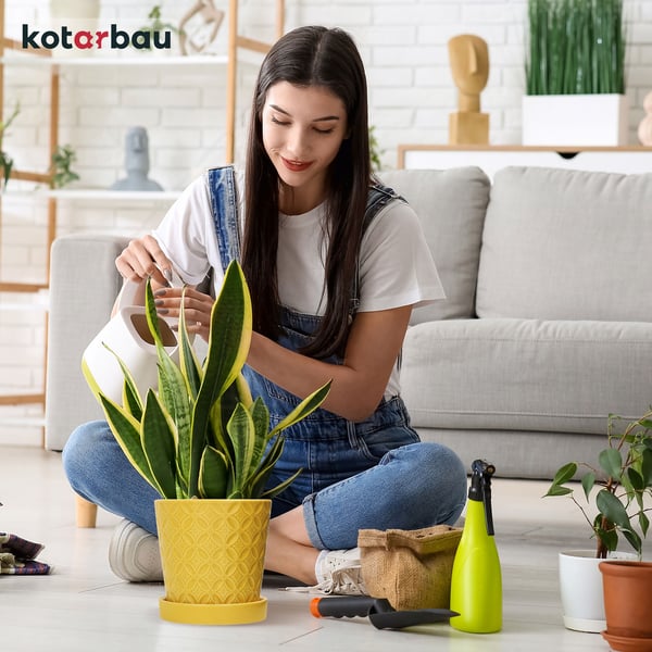 KOTARBAU® Rund senapsfärgad kruka 13 cm blomkruka med fat glaserad keramik växt- och örtkruka
