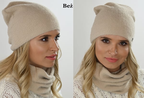 Varmt sæt med hue og halsedisse Alpaca Touch Beige AL1