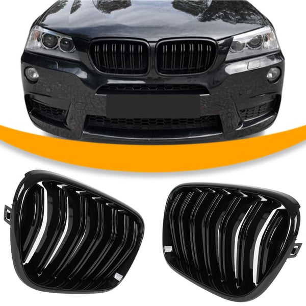 BMW X3 F25 11-14 galler mellan strålkastarna (njurarna) vänster + höger set SVARTA GLANSANDE DUBBELBAR