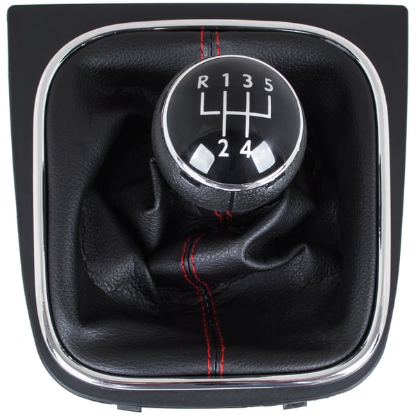 VW Golf V 03-08 gearstangsknop + SORT manchet med RØD gevind og KROMET stel 5 GEAR
