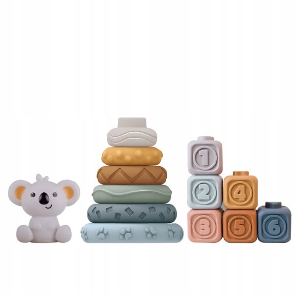 Mjuka gummibjældker med sensorik og kreative tårnpyramider Montessori koala