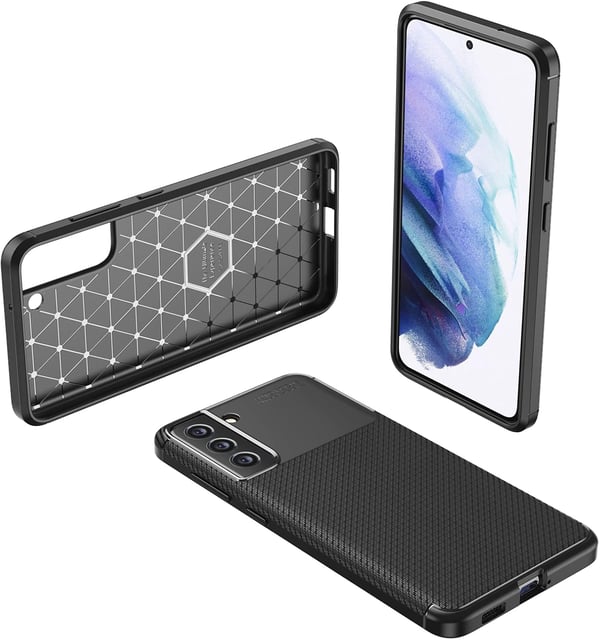 Samsung Galaxy S21 FE 5G:n hiilikuituinen silikonikuori, musta ja 3x-lasi