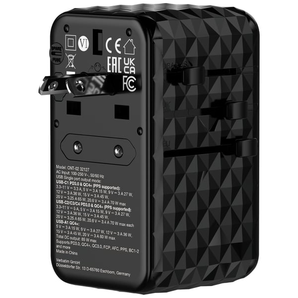 Verbatim Charge 'n' Travel GaN III -maailmanlaajuinen adapteri, 4 x USB-C PD 3.0 QC 4+ 70 W, 1 x USB-A QC 4+ 60 W