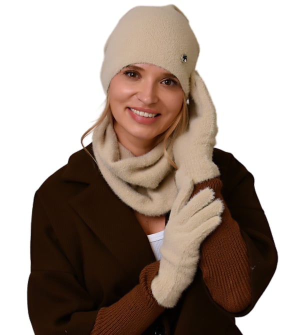 Beige damset mössa, tubhalsduk och handskar varm vinterset