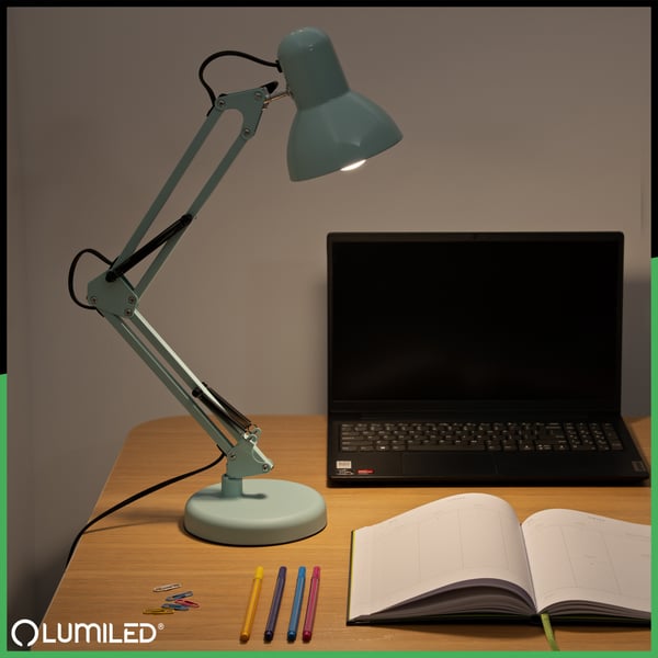 Työpöydän lamppu Piirustus pöytälamppu E27 TOBI Pastellin sininen Lumiled + pöydän kiinnike