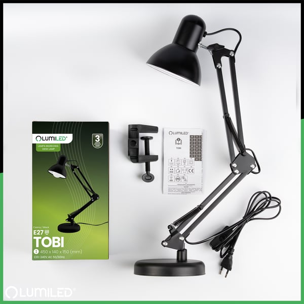 Pöytävalaisin TOBI E27 musta ja kiinnike työpöydälle Lumiled
