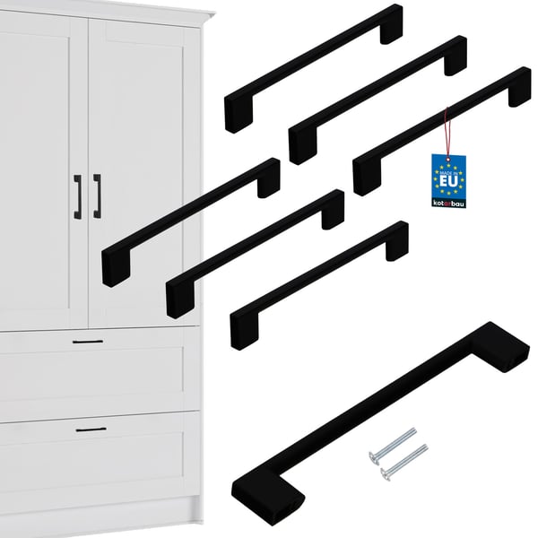 KOTARBAU køkkengreb klassisk moderne aflange lange mat sort 190 mm afstand 160 mm sæt 6 stk