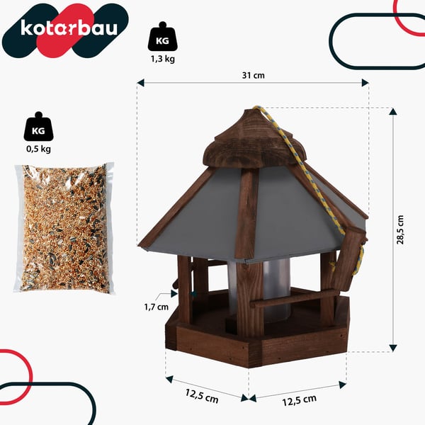 KOTARBAU hängande fågelmatare sexkantig trä 310 x 285 mm med dispenser och foder 0,5 kg