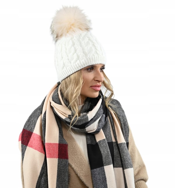 Krämfärgad vintermössa för dam med pompom, fodrad med fleece, varm beania universalstorlek