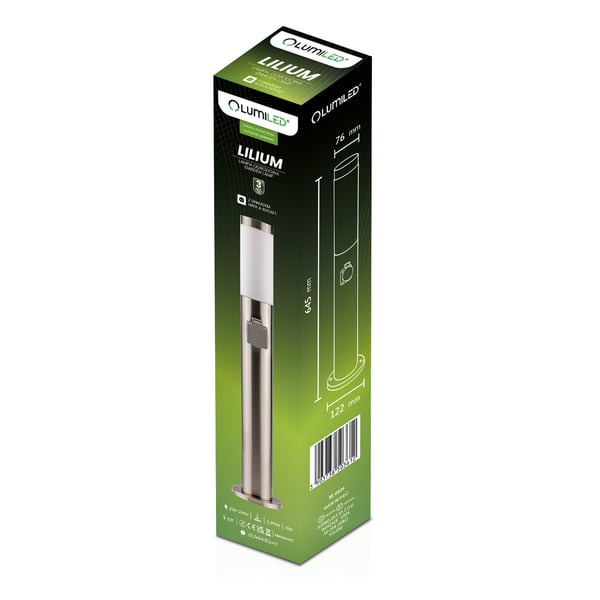 Trädgårdslampa utomhus E27 INOX stolpe 65cm med uttag 230V Lilium LUMILED