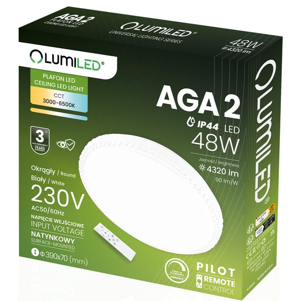 LED loftlampe overflademonteret AGA2 48W IP44 CCT hvid rund 40cm + LUMILED fjernbetjening
