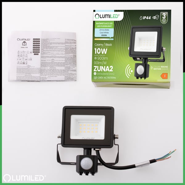 ZUNA2 LED projektør 10W 900lm 6500K IP44 Sort LUMILED bevægelsessensor