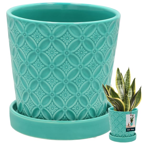 KOTARBAU® Rund Turkos Blomkruka 13 cm Glaserad Keramik med Fat Blom- och Örtkruka