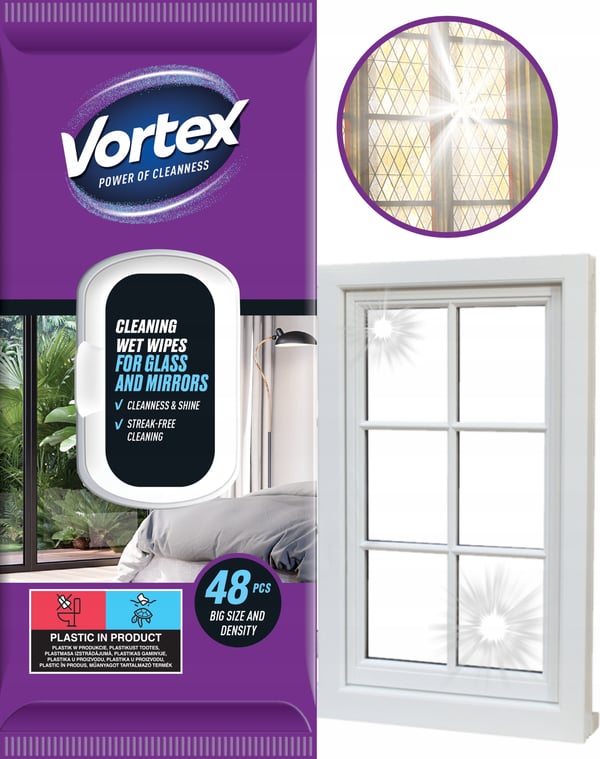 VORTEX våtservetter för speglar och glas med fällbara lock, 48 stycken