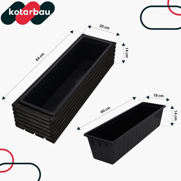 KOTARBAU® Træhavekasse til Terrasse med Indsats Sort 64 x 20 CM