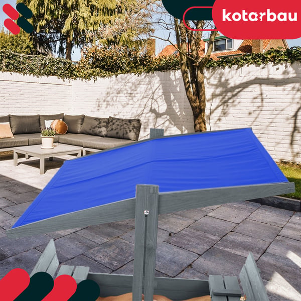 KOTARBAU® stor sandlåda i trä med blått tak, impregnerad, slutet lock, med bänkar, grå, 100 x 100 cm