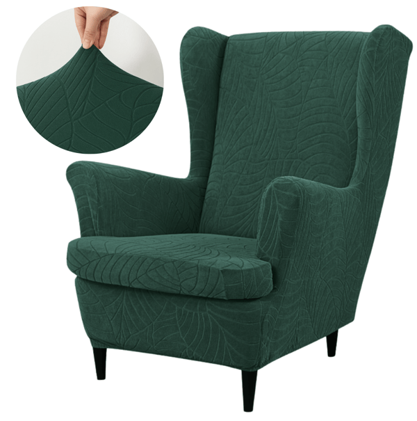 Päällinen siipimäiseen nojatuoliin, pullonvihreä sametti, jacquard-kuvio, kuminauha [30-Z3-ZLB]