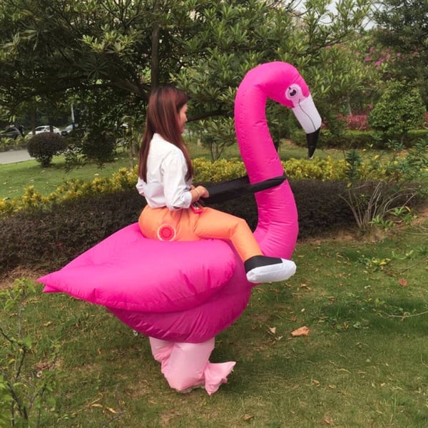 Oppustelig flamingo-dragt, selvoppusteligt lyserødt kostume