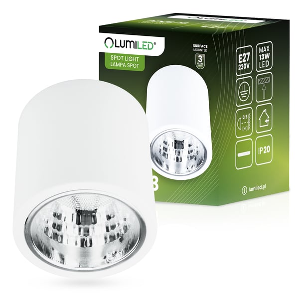 Fast loftslampe, overflademonteret, rund, APUS 13 spot TUBA, hvid, E27