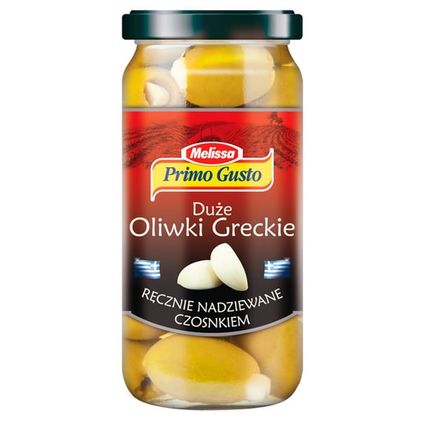 Primo Gusto Melissa -suuret kreikkalaiset oliivit, käsin täytetyt valkosipulilla 240 g