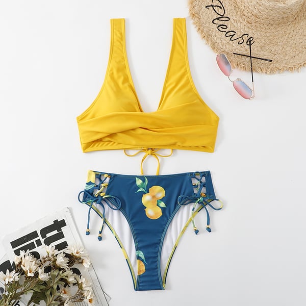 Todelt bikini badedragt med bindebånd, høj talje, citronprint, XL Todelt bikini badedragt med bindebånd, høj talje, citronprint, XL