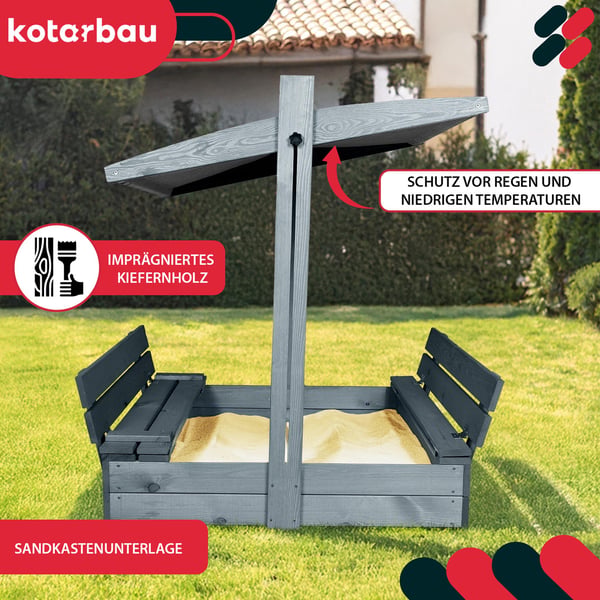 KOTARBAU Stor sandlåda i trä med grått tak, impregnerad, sluten, med bänkar 100 x 100 cm grå