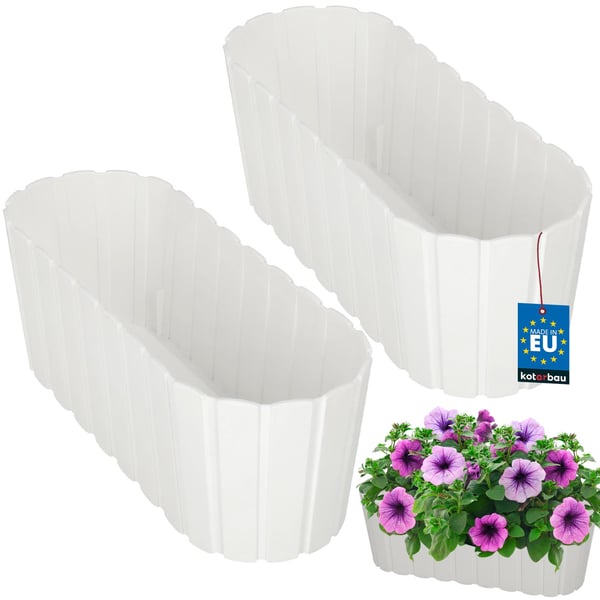Avlång blomkruka för blommor och örter på balkong eller terrass, vit, 40 cm, set om 2