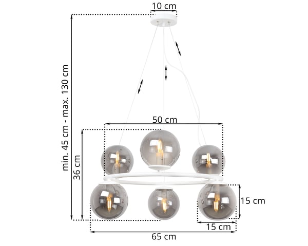 VALKOINEN AURA-RIIPPUVALAISIN, 6 LITTEÄÄ GRAFIITTIVARJOSTINTA, E14