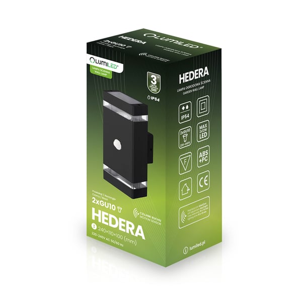 Havelystkarm Væglampe op og ned 2x GU10 sort bevægelsessensor og skumringssensor IP54 HEDERA LUMILED