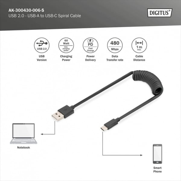 USB 2.0 Digitus Spiralkabel USB A/USB C, PD 60W, Sort, Maks. 1m
